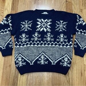 GAP Navy Snowflake Crewneck Sweater Hand Knit Sz Medium 100% Wool